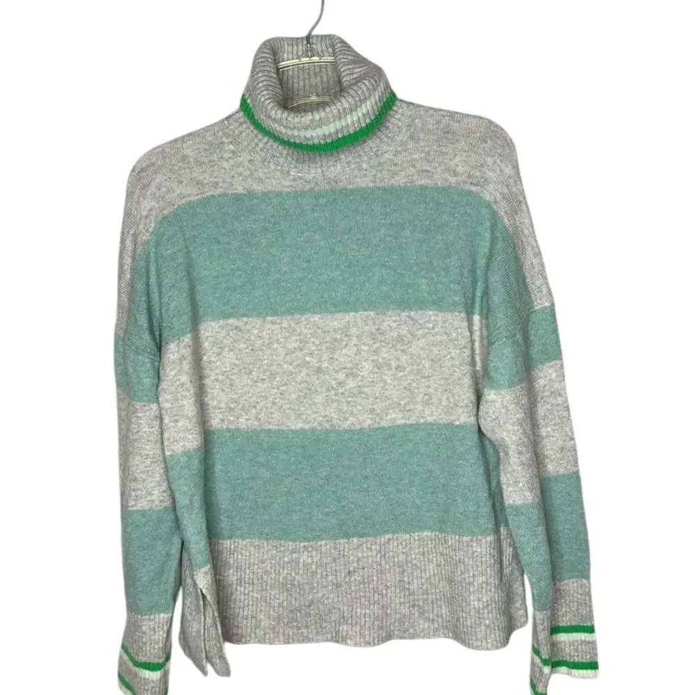 J.Crew Green & Grey Stripe Merino/Alpaca Wool Turtleneck Sweater. Size Small.